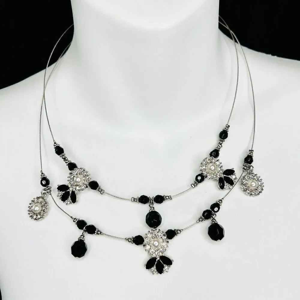 Ruby Rd. Two Strand Wire Layered Rhinestone Necklace Silver Black Tone 4448